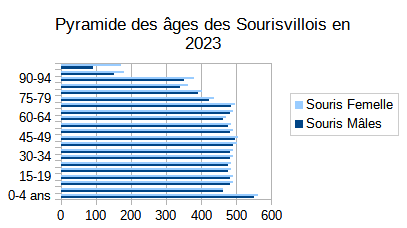 Pyramide des âges des Sourisvillois en 2023.
Démographie sourisvilloise